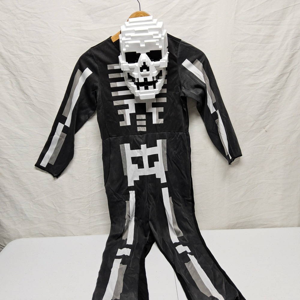 Minecraft Skeleton Costume Kids Medium Black Pixelated‎ Jumpsuit Mask